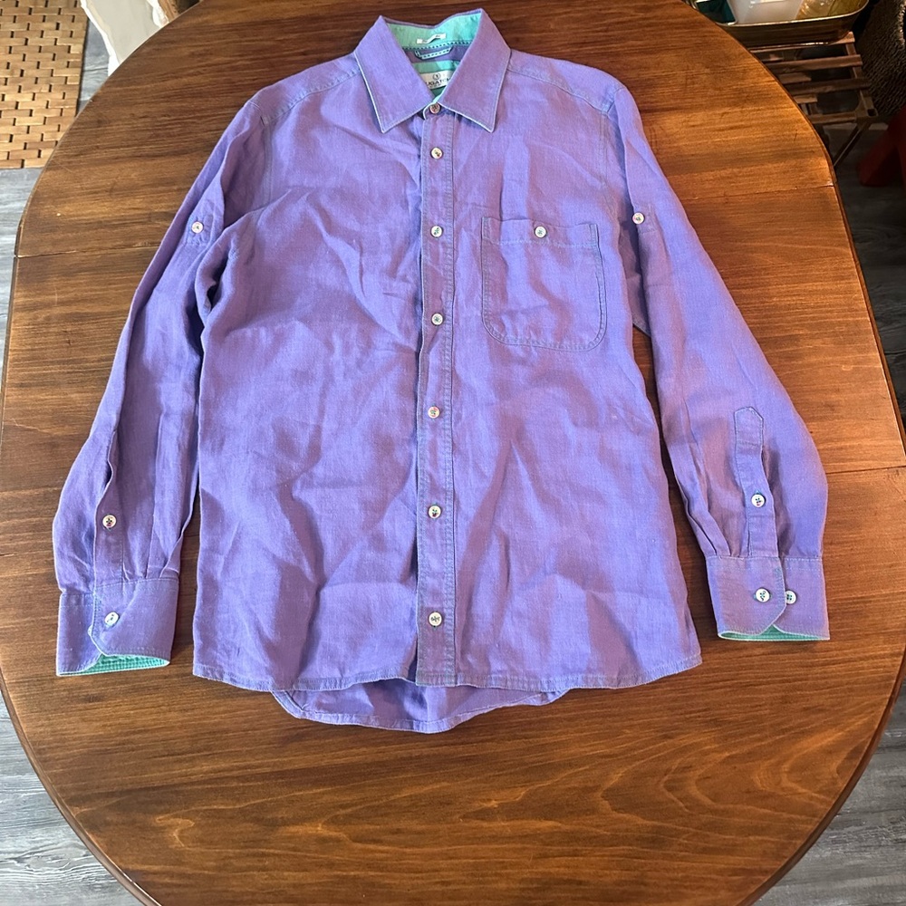 Bugatchi Uomo Shirt Shaped Fit Linen Mens M Purple Button Up Long Sleeve w Teal